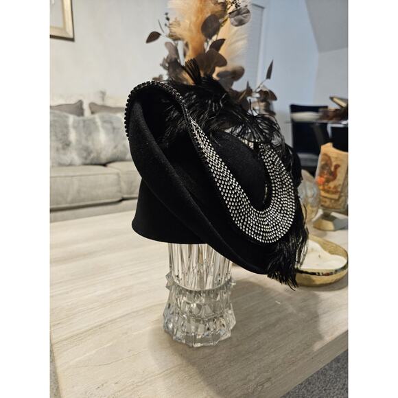 Jack McConnell Black Wool Felt Hat Rhinestones Feathers,Vintage Ladies\' Boutique main image 6